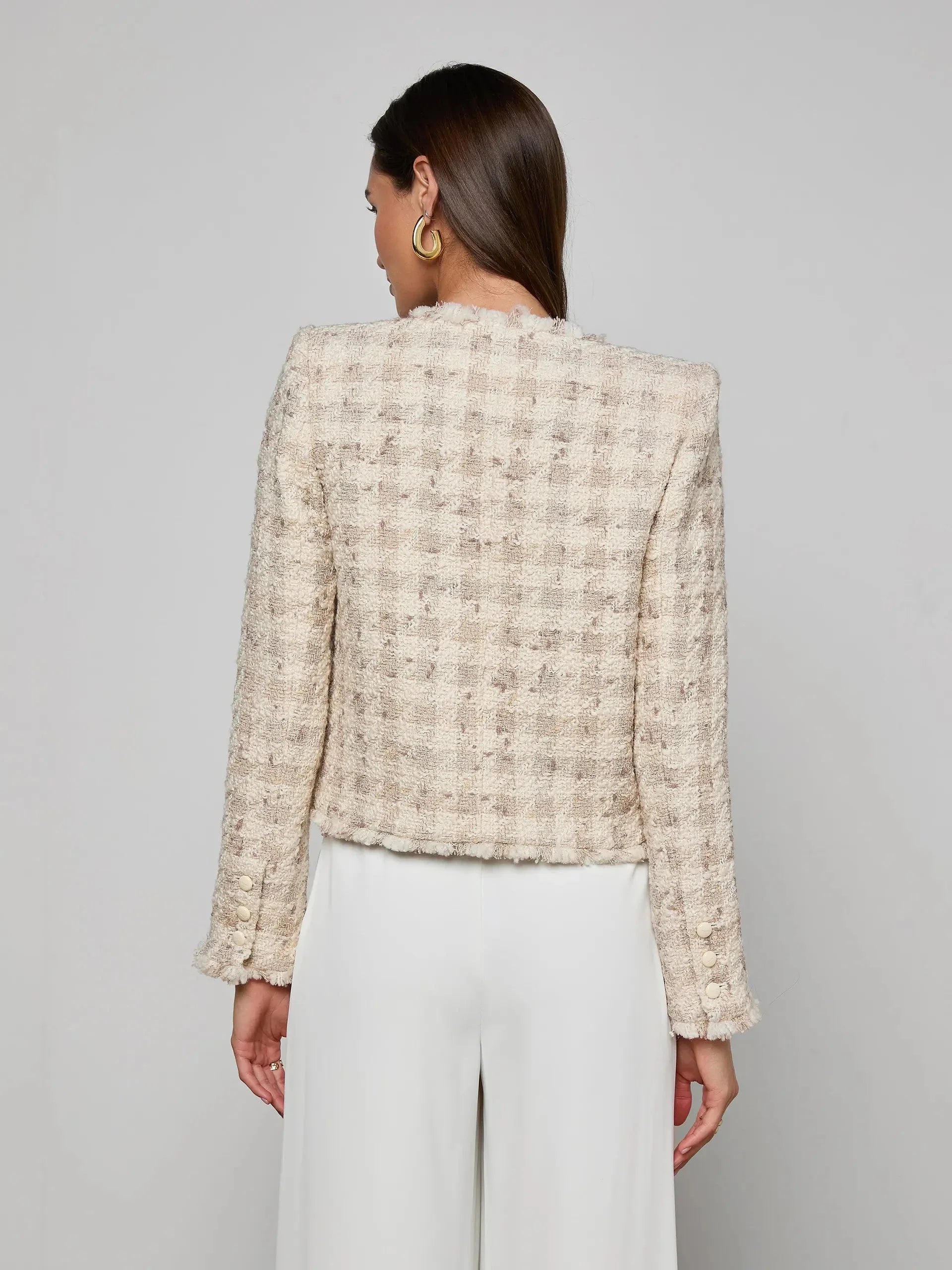 Zell Collarless Jacket Taupe Grey Houndstooth
