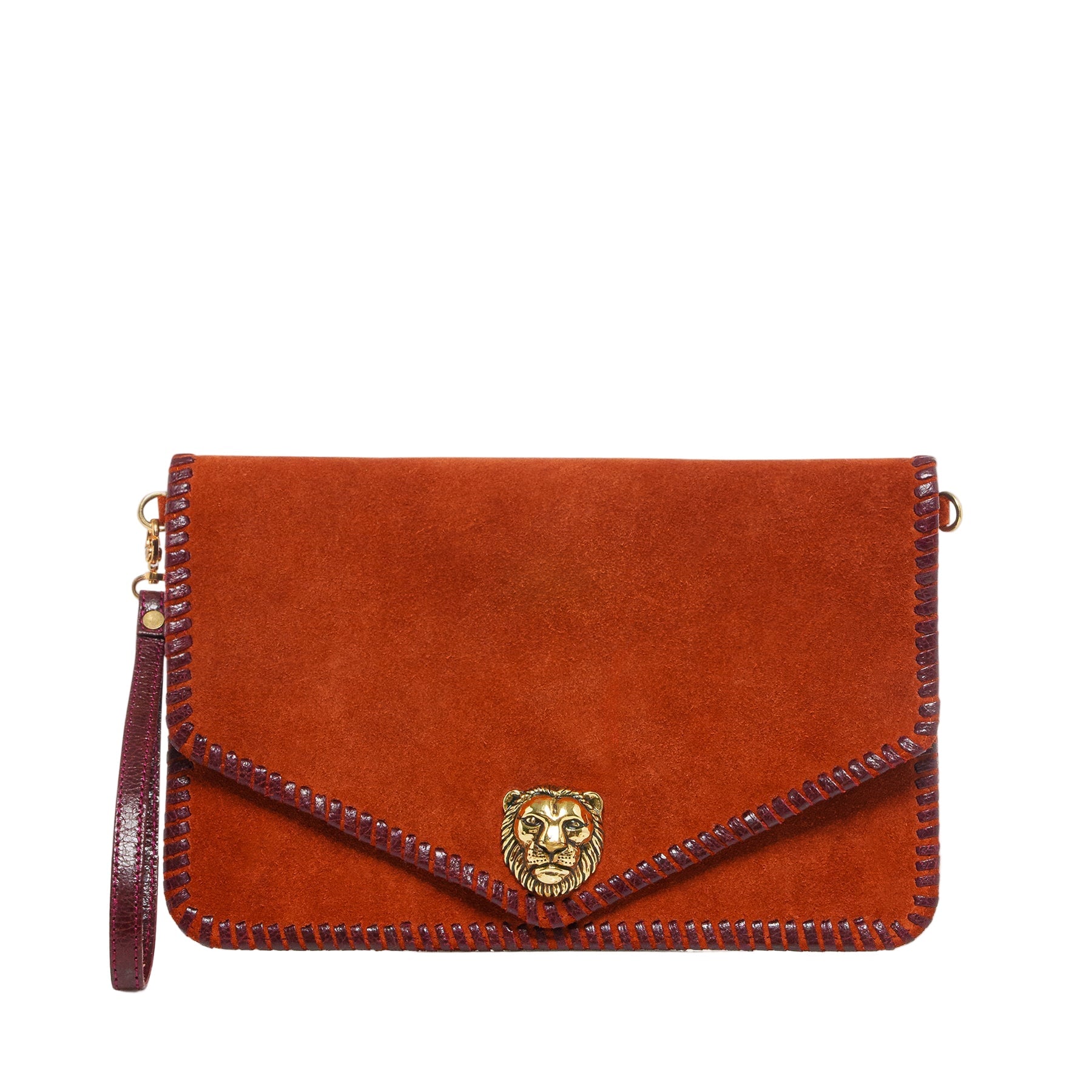 Alicia Leather Clutch Thick Suede Embroidered Brick